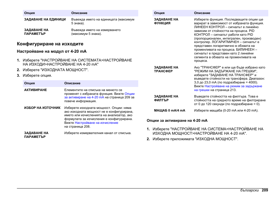 Конфигуриране на изходите, Настройване на модул от 4-20 ma, Опции за активиране на 4-20 ma | Конфигуриране, На изходите | Hach-Lange HACH 5500 sc PO43-HR Operations User Manual | Page 209 / 390