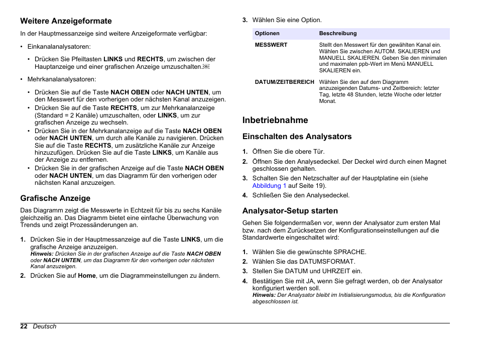 Weitere anzeigeformate, Grafische anzeige, Inbetriebnahme | Einschalten des analysators, Analysator-setup starten, Auf seite 22 | Hach-Lange HACH 5500 sc PO43-HR Operations User Manual | Page 22 / 390