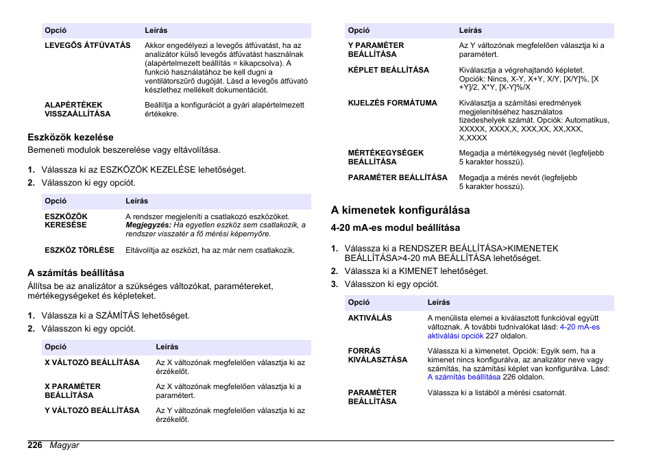 Eszközök kezelése, A számítás beállítása, A kimenetek konfigurálása | 20 ma-es modul beállítása, Információkat lásd, Beállításával kapcsolatban lásd, Képleteket. lásd, A kimenetek, Konfigurálása | Hach-Lange HACH 5500 sc PO43-HR Operations User Manual | Page 226 / 390