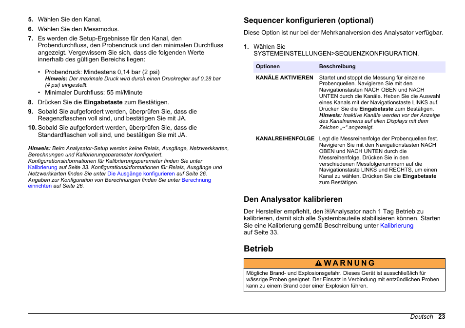 Sequencer konfigurieren (optional), Den analysator kalibrieren, Betrieb | Hach-Lange HACH 5500 sc PO43-HR Operations User Manual | Page 23 / 390