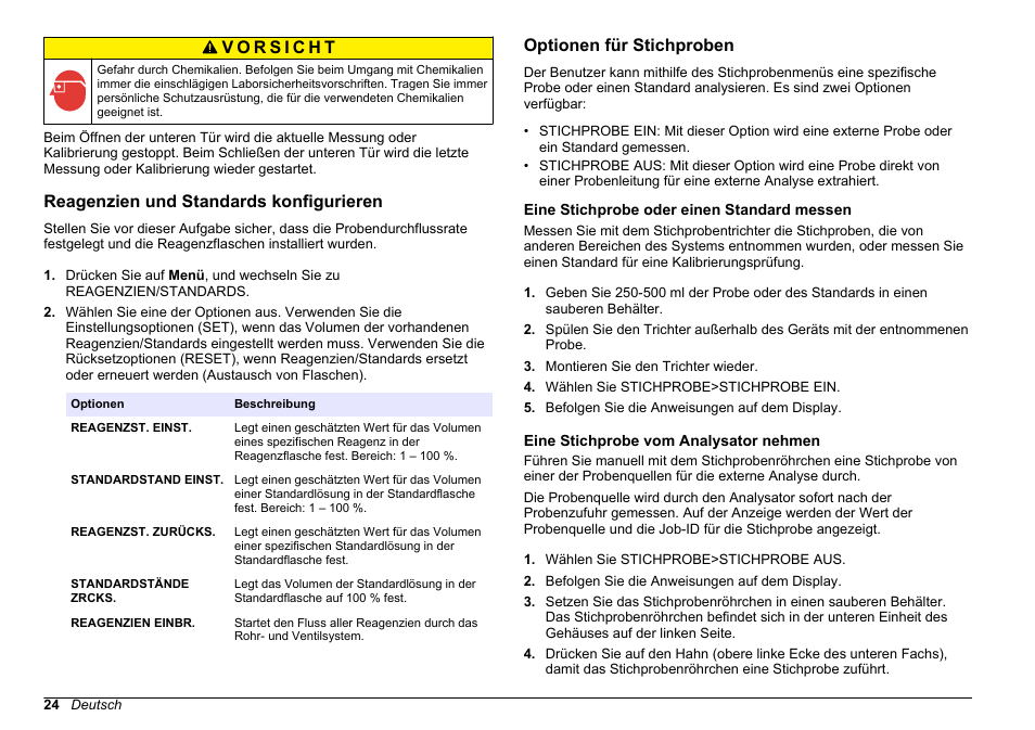 Reagenzien und standards konfigurieren, Optionen für stichproben, Eine stichprobe oder einen standard messen | Eine stichprobe vom analysator nehmen | Hach-Lange HACH 5500 sc PO43-HR Operations User Manual | Page 24 / 390