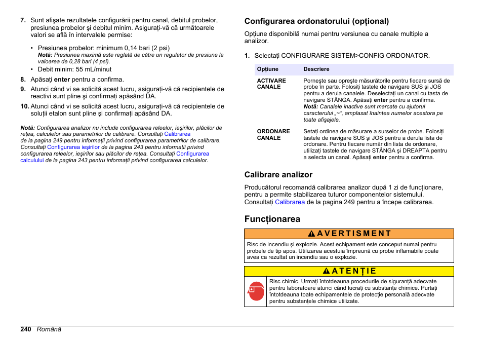 Configurarea ordonatorului (opţional), Calibrare analizor, Funcţionarea | Hach-Lange HACH 5500 sc PO43-HR Operations User Manual | Page 240 / 390