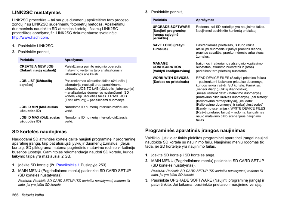 Link2sc nustatymas, Sd kortelės naudojimas, Programinės aparatinės įrangos naujinimas | Hach-Lange HACH 5500 sc PO43-HR Operations User Manual | Page 266 / 390