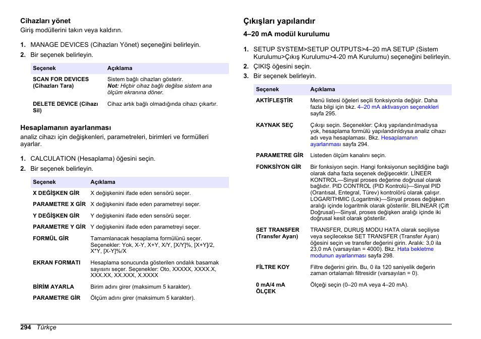 Cihazları yönet, Hesaplamanın ayarlanması, Çıkışları yapılandır | 4–20 ma modül kurulumu, Sayfa 294, Bilgi için bkz, Fazla bilgi için bkz | Hach-Lange HACH 5500 sc PO43-HR Operations User Manual | Page 294 / 390