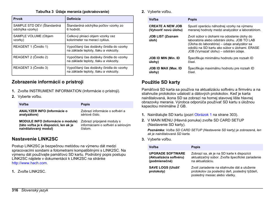 Zobrazenie informácií o prístroji, Nastavenie link2sc, Použitie sd karty | Na strane 316 | Hach-Lange HACH 5500 sc PO43-HR Operations User Manual | Page 316 / 390