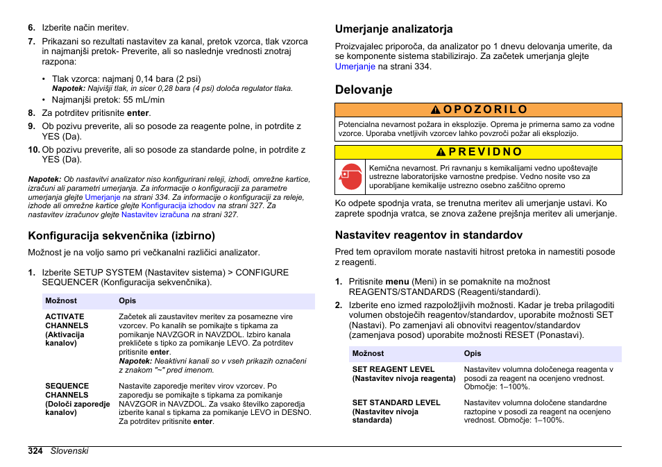 Konfiguracija sekvenčnika (izbirno), Umerjanje analizatorja, Delovanje | Nastavitev reagentov in standardov, Na strani 324 | Hach-Lange HACH 5500 sc PO43-HR Operations User Manual | Page 324 / 390