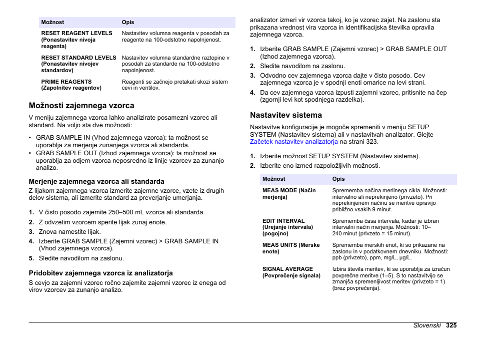 Možnosti zajemnega vzorca, Merjenje zajemnega vzorca ali standarda, Pridobitev zajemnega vzorca iz analizatorja | Nastavitev sistema | Hach-Lange HACH 5500 sc PO43-HR Operations User Manual | Page 325 / 390