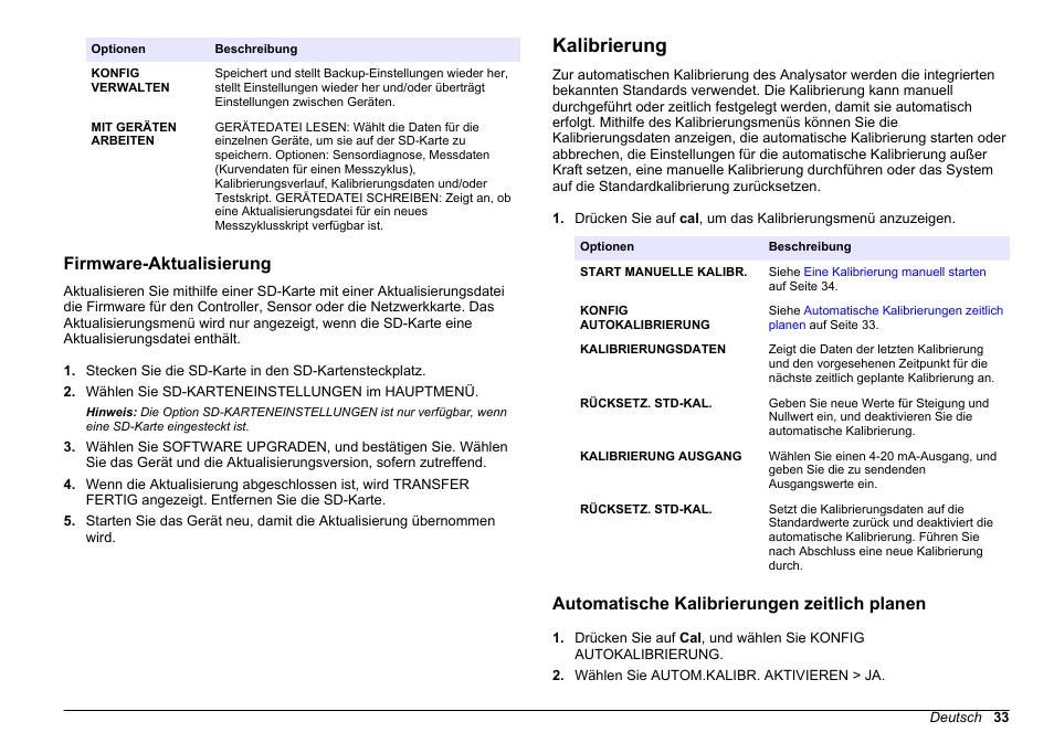 Firmware-aktualisierung, Kalibrierung, Automatische kalibrierungen zeitlich planen | Auf seite 33 | Hach-Lange HACH 5500 sc PO43-HR Operations User Manual | Page 33 / 390