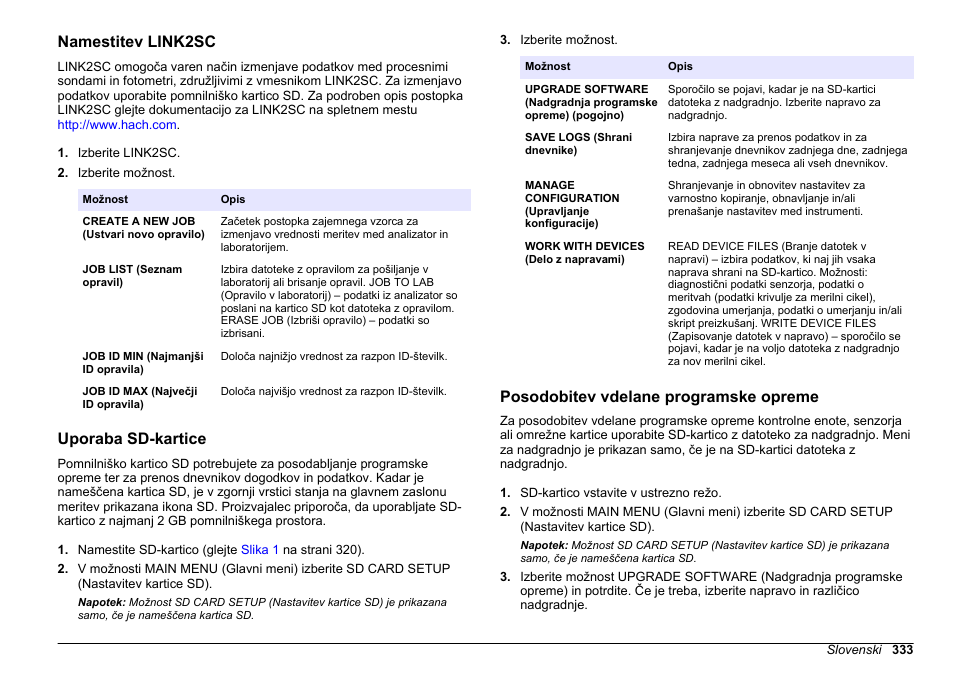 Namestitev link2sc, Uporaba sd-kartice, Posodobitev vdelane programske opreme | Hach-Lange HACH 5500 sc PO43-HR Operations User Manual | Page 333 / 390