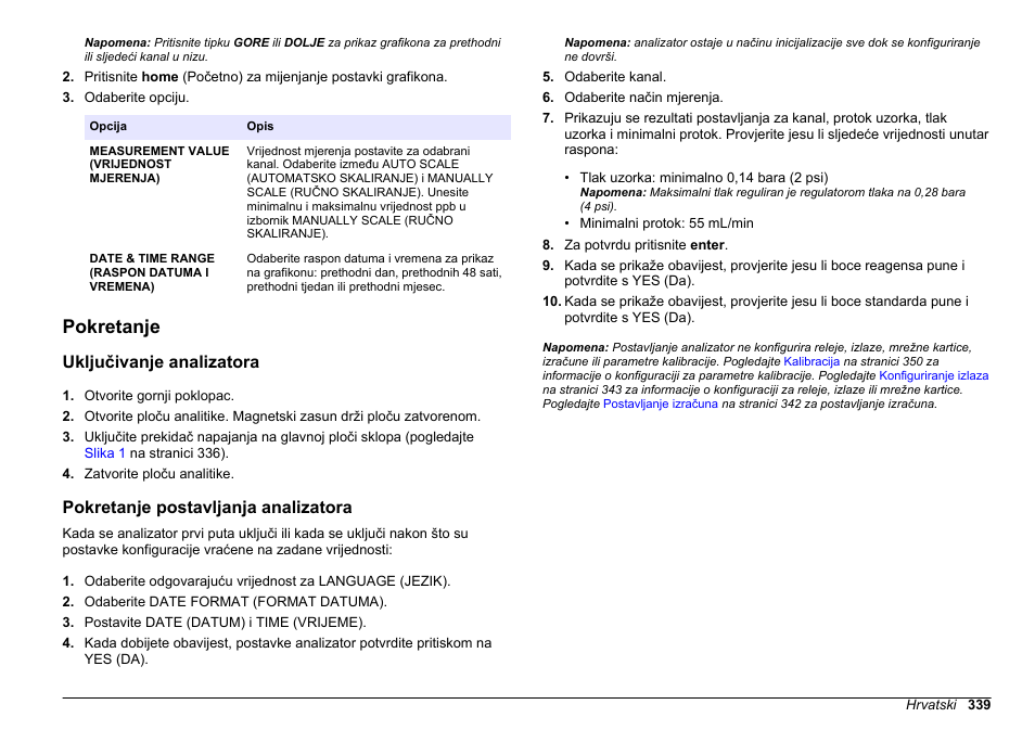 Pokretanje, Uključivanje analizatora, Pokretanje postavljanja analizatora | Na stranici | Hach-Lange HACH 5500 sc PO43-HR Operations User Manual | Page 339 / 390