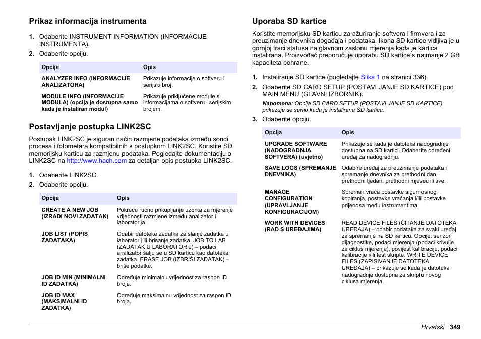 Prikaz informacija instrumenta, Postavljanje postupka link2sc, Uporaba sd kartice | Pogledajte | Hach-Lange HACH 5500 sc PO43-HR Operations User Manual | Page 349 / 390