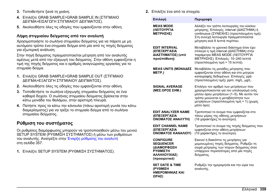 Λήψη στιγμιαίου δείγματος από τον αναλυτή, Ρύθμιση του συστήματος | Hach-Lange HACH 5500 sc PO43-HR Operations User Manual | Page 359 / 390