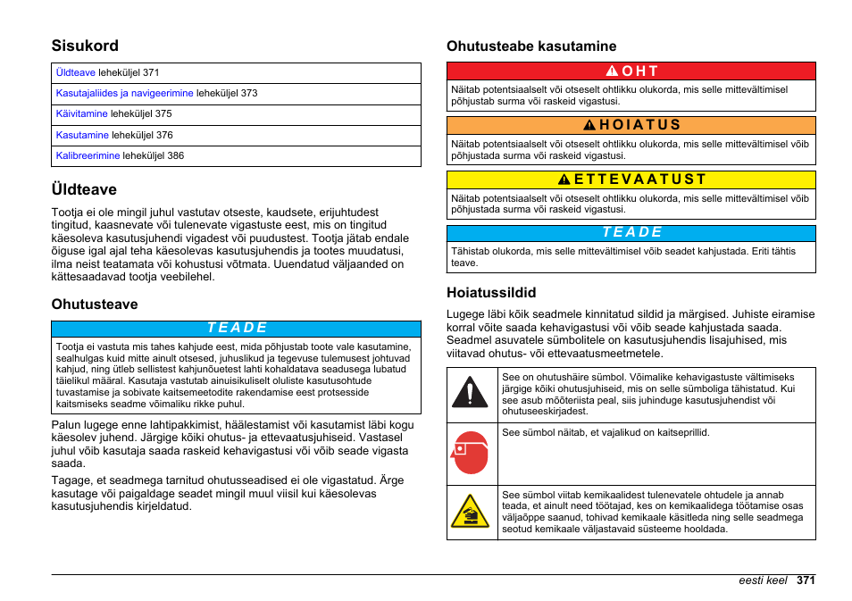 Funktsioonid, Sisukord, Üldteave | Ohutusteave, Ohutusteabe kasutamine, Hoiatussildid, Eesti keel | Hach-Lange HACH 5500 sc PO43-HR Operations User Manual | Page 371 / 390