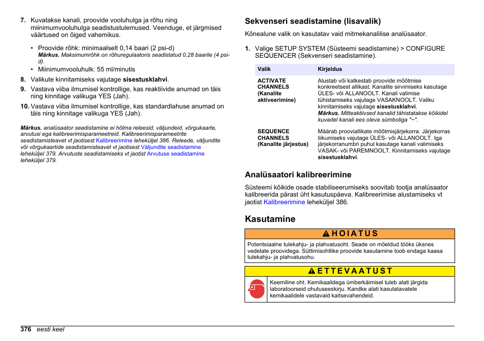 Sekvenseri seadistamine (lisavalik), Analüsaatori kalibreerimine, Kasutamine | Hach-Lange HACH 5500 sc PO43-HR Operations User Manual | Page 376 / 390