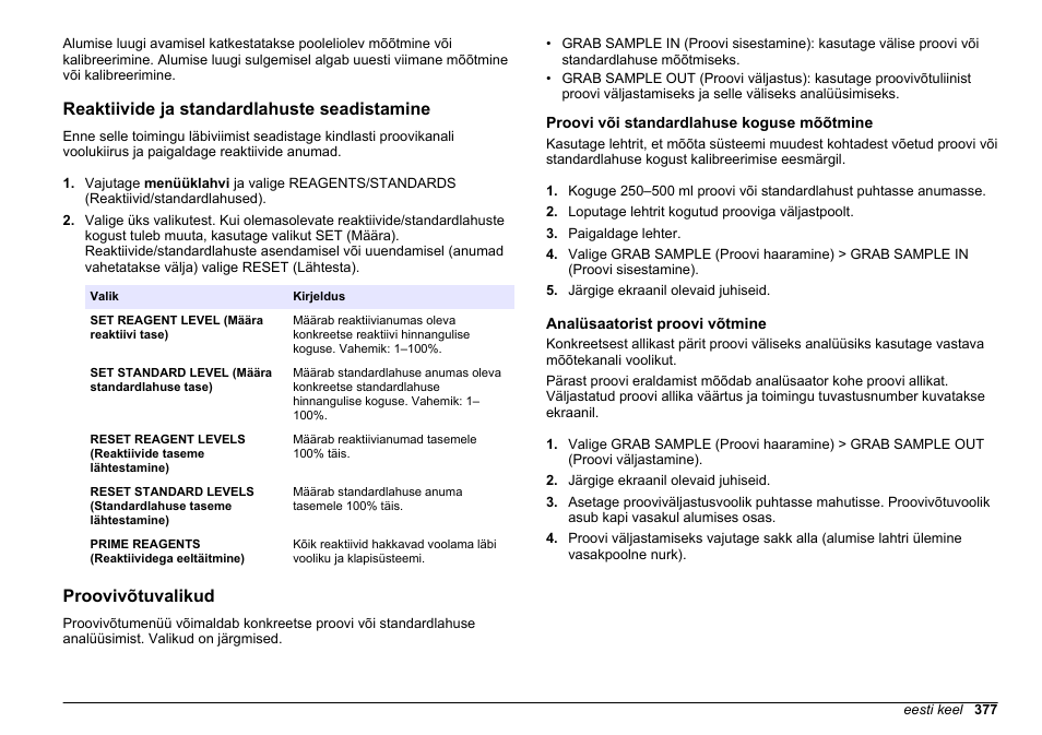 Reaktiivide ja standardlahuste seadistamine, Proovivõtuvalikud, Proovi või standardlahuse koguse mõõtmine | Analüsaatorist proovi võtmine | Hach-Lange HACH 5500 sc PO43-HR Operations User Manual | Page 377 / 390
