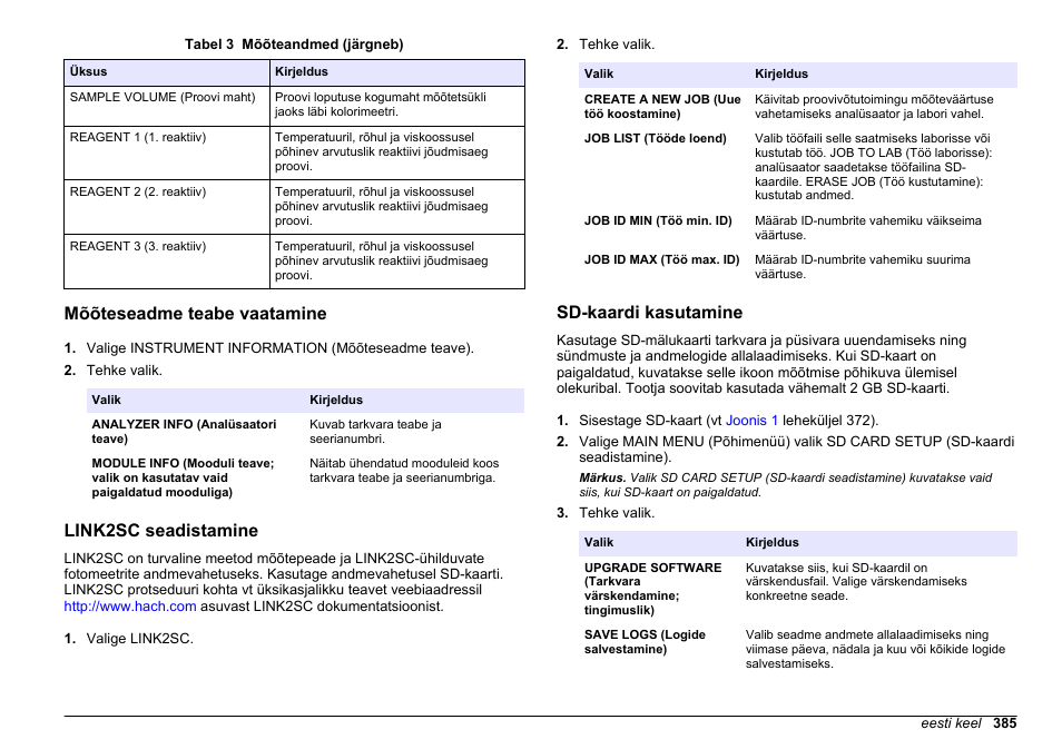 Mõõteseadme teabe vaatamine, Link2sc seadistamine, Sd-kaardi kasutamine | Hach-Lange HACH 5500 sc PO43-HR Operations User Manual | Page 385 / 390