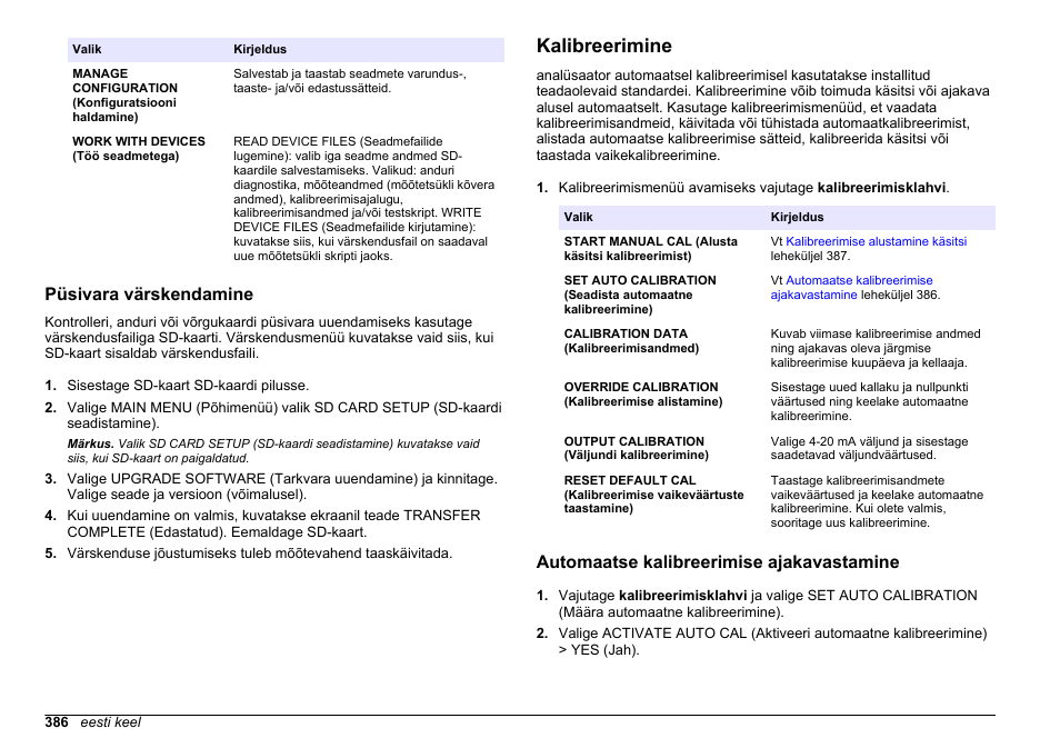 Püsivara värskendamine, Kalibreerimine, Automaatse kalibreerimise ajakavastamine | Leheküljel, Seadistamisteavet vt jaotisest, Jaotist | Hach-Lange HACH 5500 sc PO43-HR Operations User Manual | Page 386 / 390