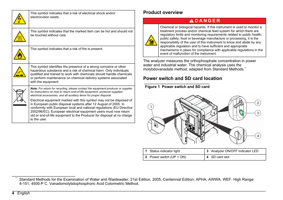 Product overview, Power switch and sd card location | Hach-Lange HACH 5500 sc PO43-HR Operations User Manual | Page 4 / 390