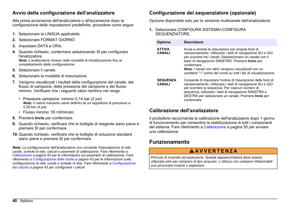 Avvio della configurazione dell'analizzatore, Configurazione del sequenziatore (opzionale), Calibrazione dell'analizzatore | Funzionamento | Hach-Lange HACH 5500 sc PO43-HR Operations User Manual | Page 40 / 390