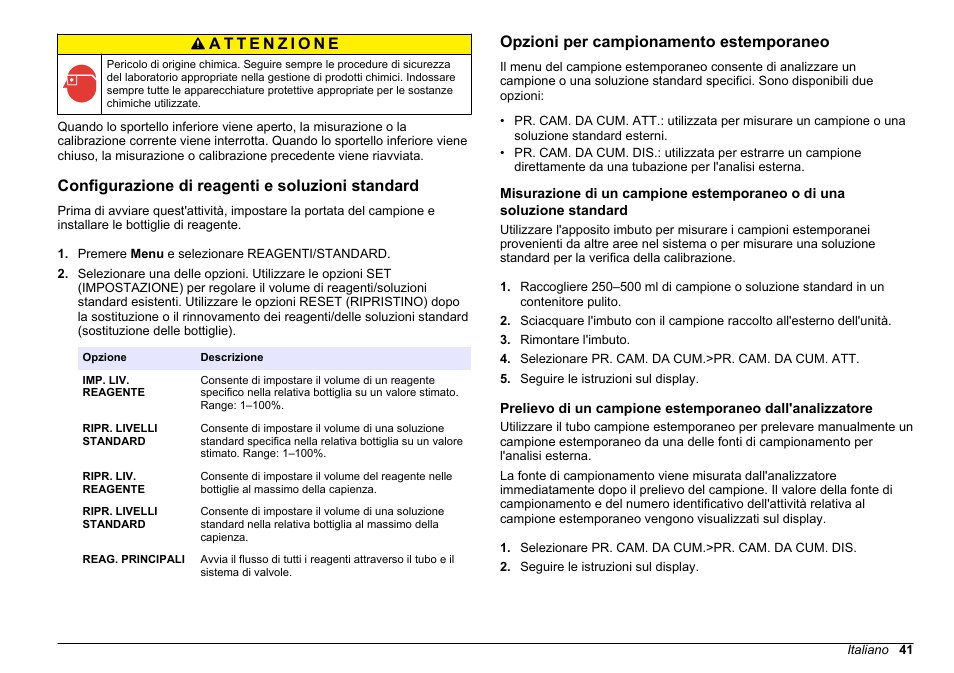 Configurazione di reagenti e soluzioni standard, Opzioni per campionamento estemporaneo | Hach-Lange HACH 5500 sc PO43-HR Operations User Manual | Page 41 / 390