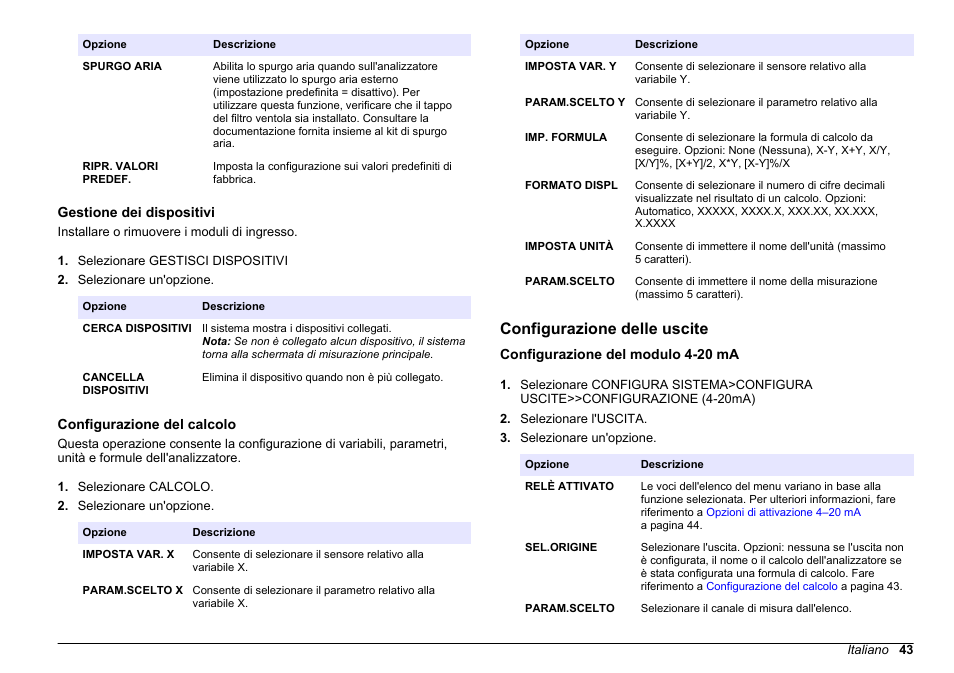 Gestione dei dispositivi, Configurazione del calcolo, Configurazione delle uscite | Configurazione del modulo 4-20 ma, Configurazione, Del calcolo, Informazioni, fare riferimento a, Delle uscite | Hach-Lange HACH 5500 sc PO43-HR Operations User Manual | Page 43 / 390