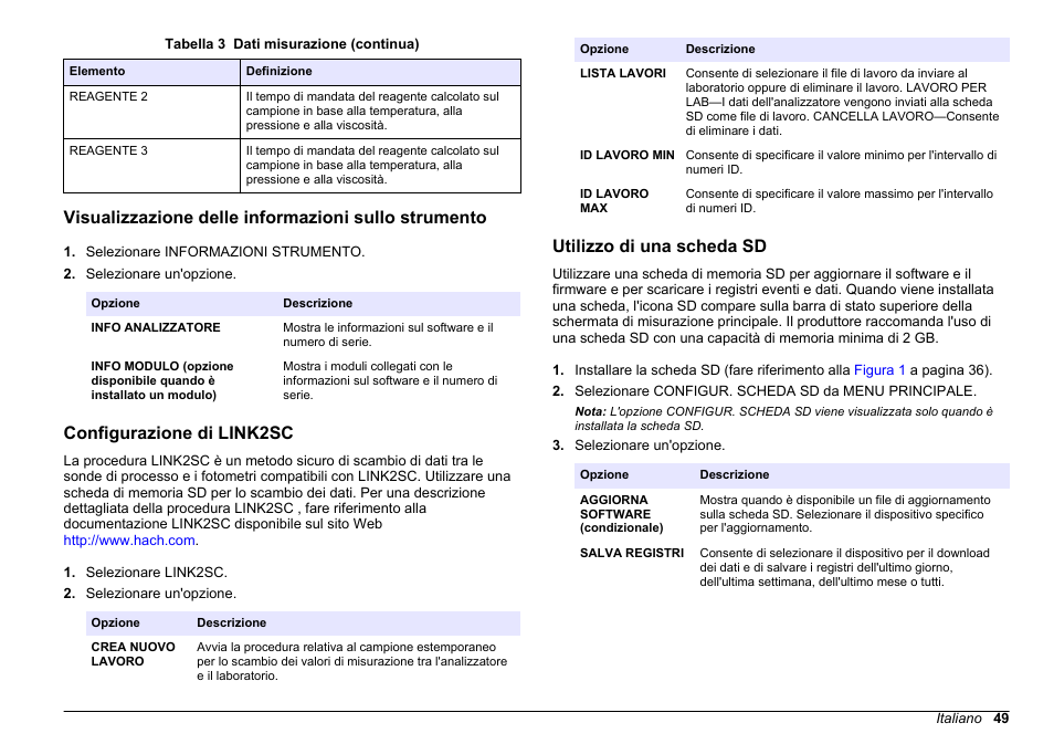 Visualizzazione delle informazioni sullo strumento, Configurazione di link2sc, Utilizzo di una scheda sd | Riferimento a, Visualizzazione delle informazioni, Sullo strumento | Hach-Lange HACH 5500 sc PO43-HR Operations User Manual | Page 49 / 390