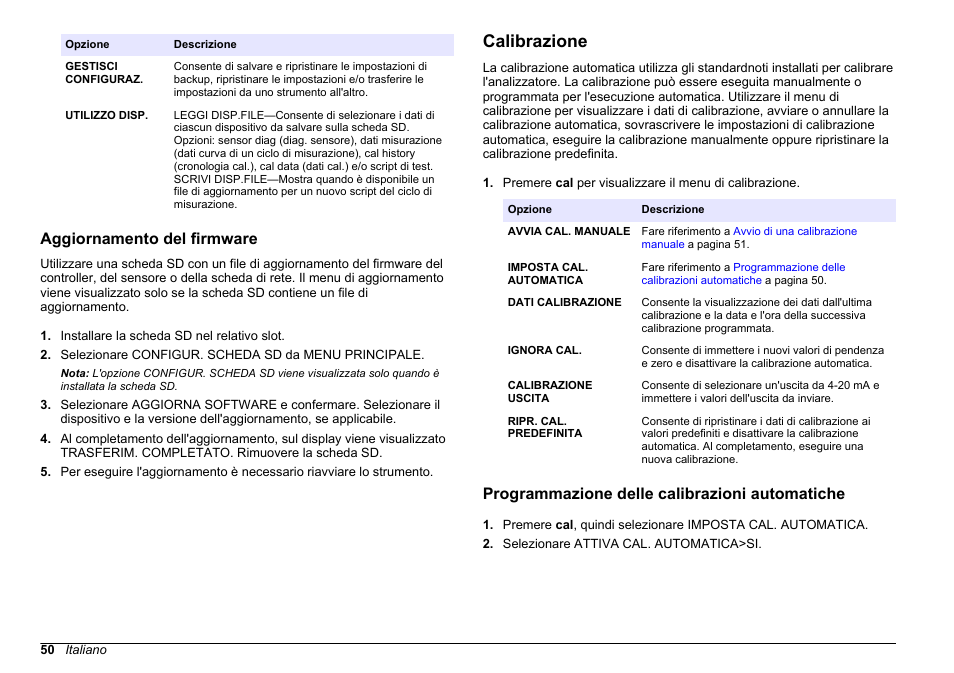 Aggiornamento del firmware, Calibrazione, Programmazione delle calibrazioni automatiche | Hach-Lange HACH 5500 sc PO43-HR Operations User Manual | Page 50 / 390