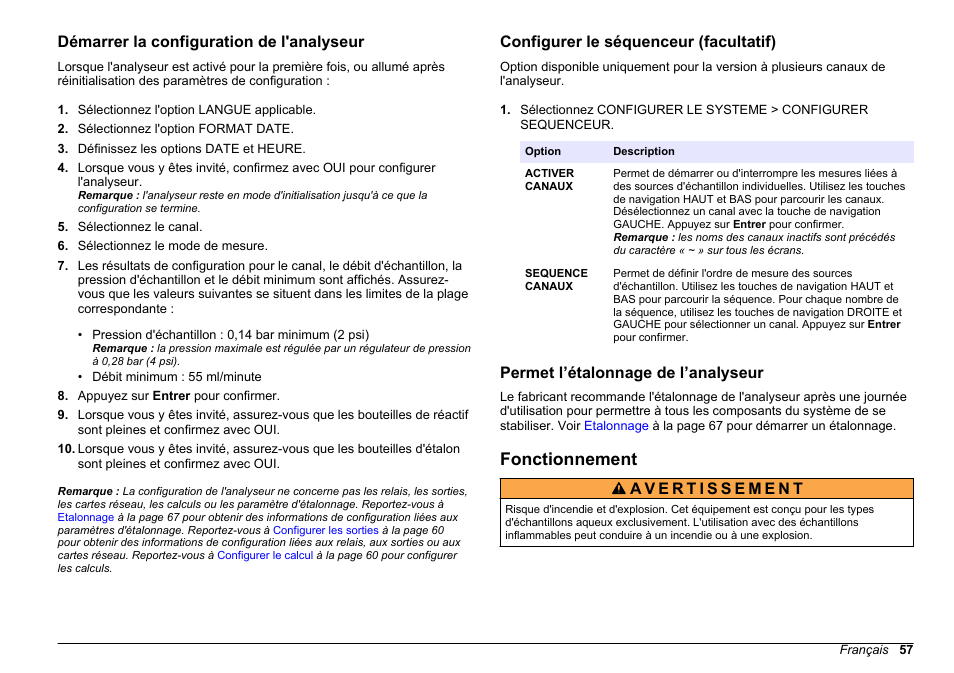 Démarrer la configuration de l'analyseur, Configurer le séquenceur (facultatif), Permet l’étalonnage de l’analyseur | Fonctionnement | Hach-Lange HACH 5500 sc PO43-HR Operations User Manual | Page 57 / 390