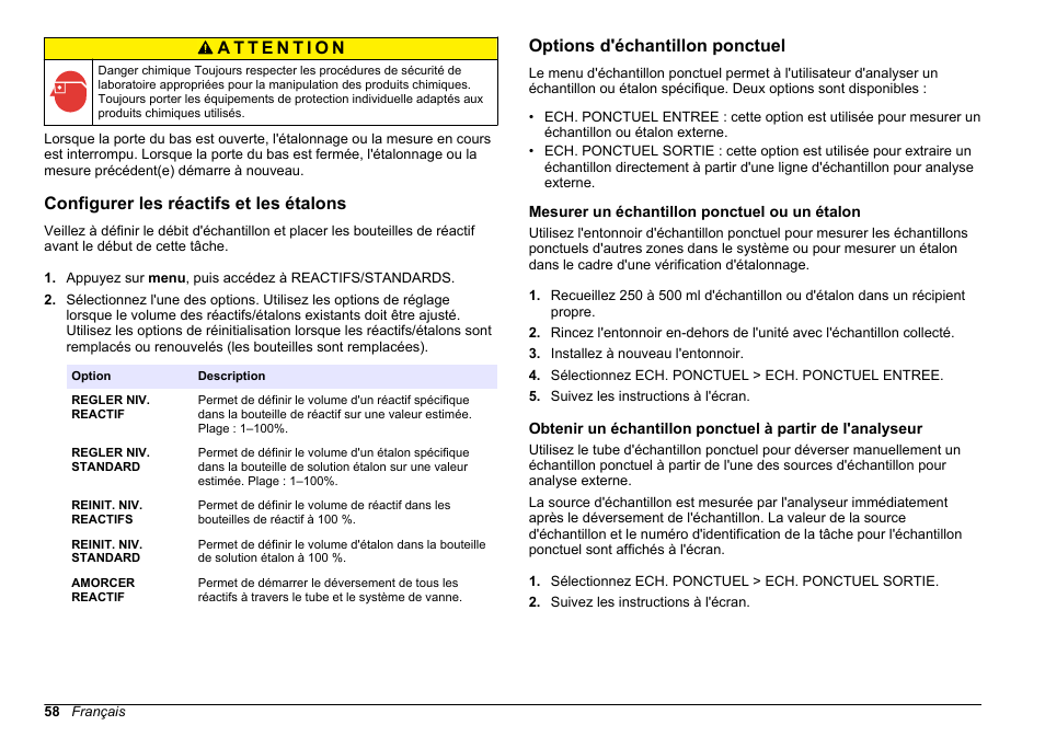 Configurer les réactifs et les étalons, Options d'échantillon ponctuel, Mesurer un échantillon ponctuel ou un étalon | Hach-Lange HACH 5500 sc PO43-HR Operations User Manual | Page 58 / 390