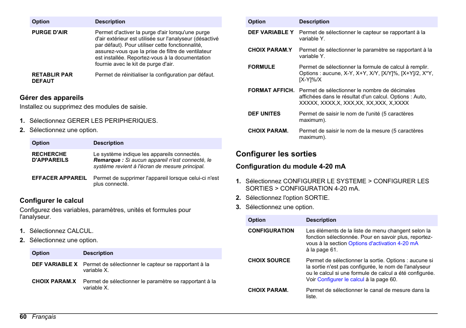 Gérer des appareils, Configurer le calcul, Configurer les sorties | Configuration du module 4-20 ma, Paramètres d'étalonnage. reportez-vous à, Cartes réseau. reportez-vous à, Voir | Hach-Lange HACH 5500 sc PO43-HR Operations User Manual | Page 60 / 390