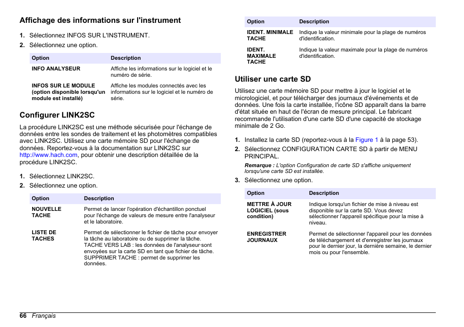 Affichage des informations sur l'instrument, Configurer link2sc, Utiliser une carte sd | Hach-Lange HACH 5500 sc PO43-HR Operations User Manual | Page 66 / 390