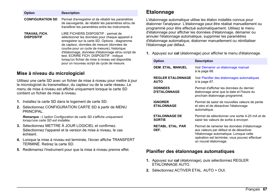 Mise à niveau du micrologiciel, Etalonnage, Planifier des étalonnages automatiques | Stabiliser. voir | Hach-Lange HACH 5500 sc PO43-HR Operations User Manual | Page 67 / 390