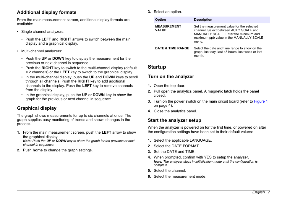Additional display formats, Graphical display, Startup | Turn on the analyzer, Start the analyzer setup | Hach-Lange HACH 5500 sc PO43-HR Operations User Manual | Page 7 / 390