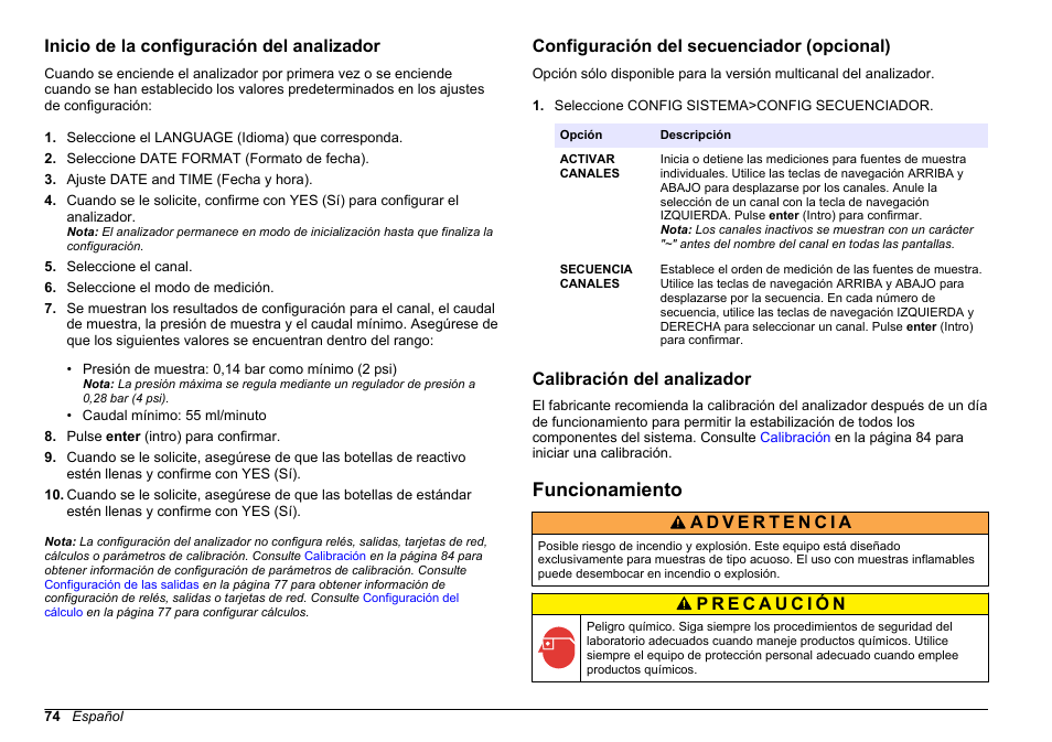 Inicio de la configuración del analizador, Configuración del secuenciador (opcional), Calibración del analizador | Funcionamiento | Hach-Lange HACH 5500 sc PO43-HR Operations User Manual | Page 74 / 390