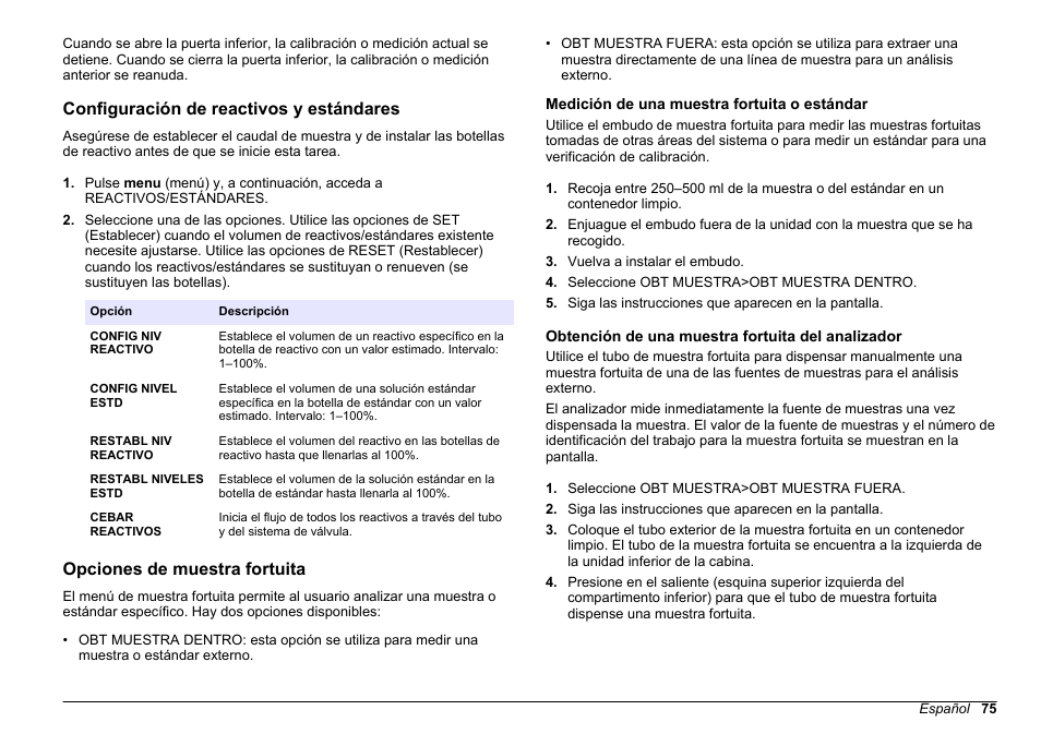 Configuración de reactivos y estándares, Opciones de muestra fortuita, Medición de una muestra fortuita o estándar | Obtención de una muestra fortuita del analizador | Hach-Lange HACH 5500 sc PO43-HR Operations User Manual | Page 75 / 390