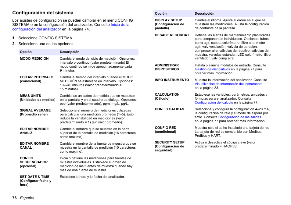 Configuración del sistema | Hach-Lange HACH 5500 sc PO43-HR Operations User Manual | Page 76 / 390