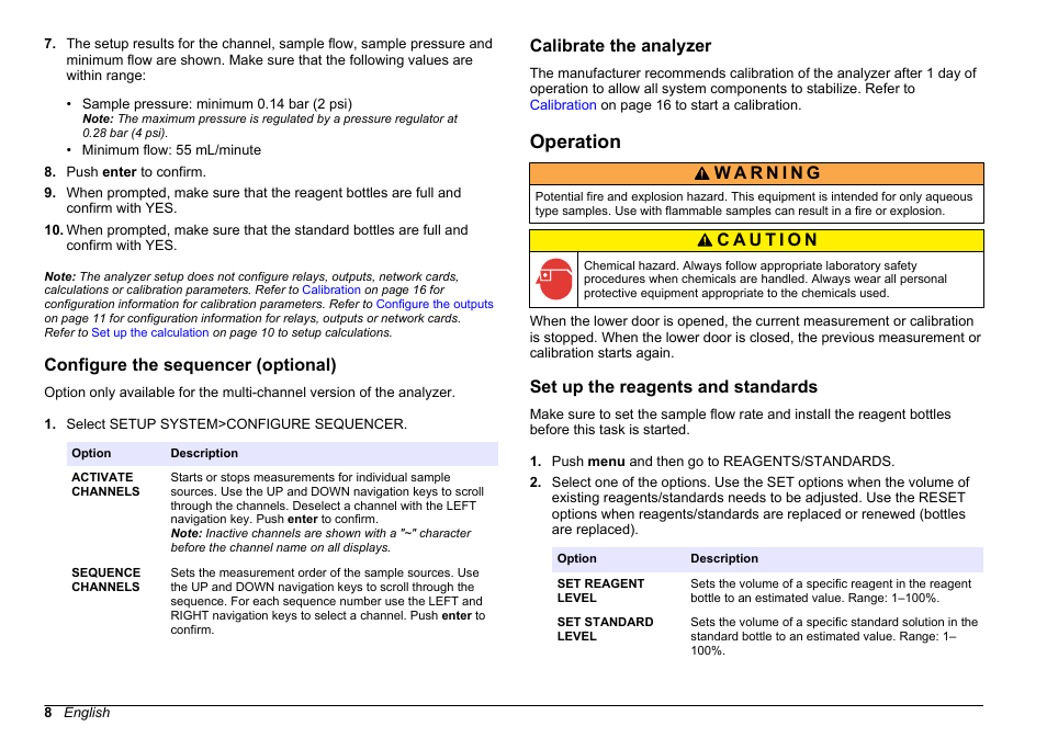 Configure the sequencer (optional), Calibrate the analyzer, Operation | Set up the reagents and standards | Hach-Lange HACH 5500 sc PO43-HR Operations User Manual | Page 8 / 390