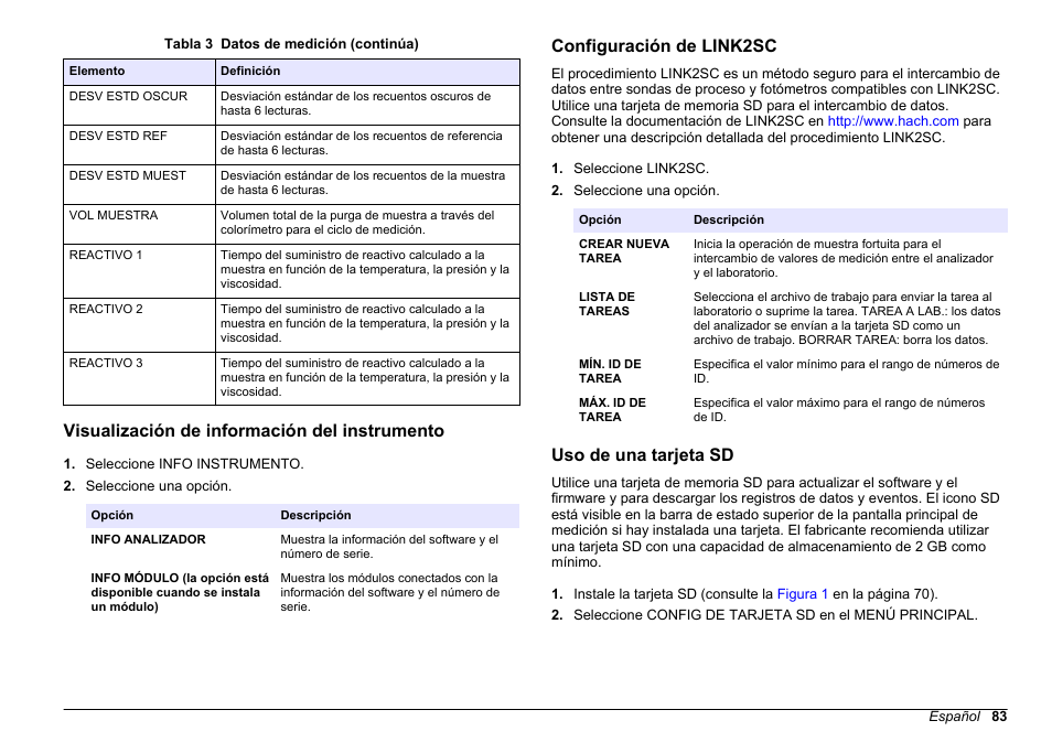 Visualización de información del instrumento, Configuración de link2sc, Uso de una tarjeta sd | Hach-Lange HACH 5500 sc PO43-HR Operations User Manual | Page 83 / 390