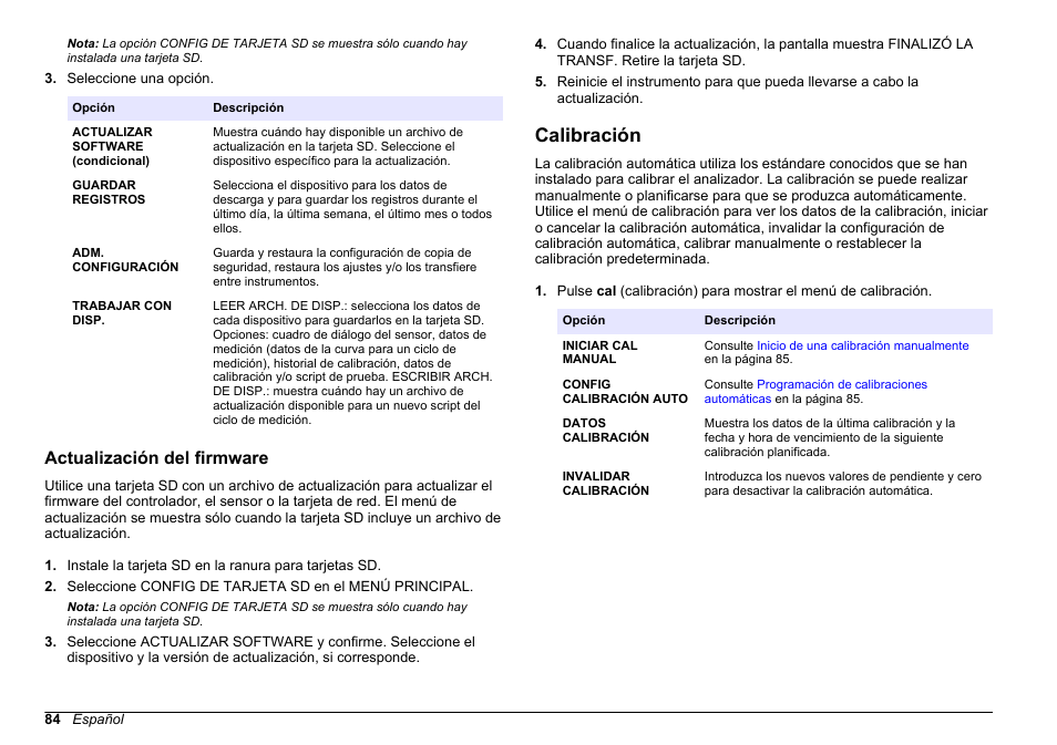 Actualización del firmware, Calibración, Cálculos o parámetros de calibración. consulte | Hach-Lange HACH 5500 sc PO43-HR Operations User Manual | Page 84 / 390