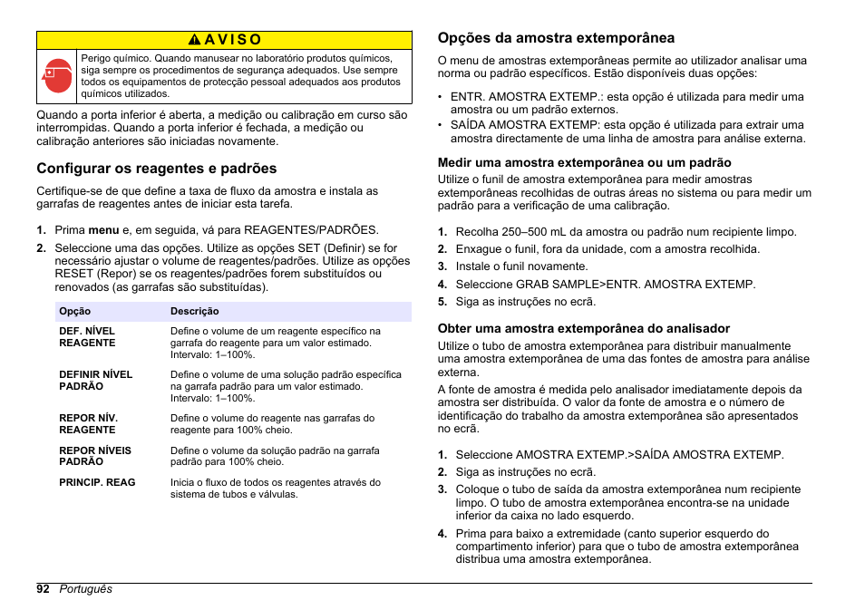 Configurar os reagentes e padrões, Opções da amostra extemporânea, Medir uma amostra extemporânea ou um padrão | Obter uma amostra extemporânea do analisador | Hach-Lange HACH 5500 sc PO43-HR Operations User Manual | Page 92 / 390