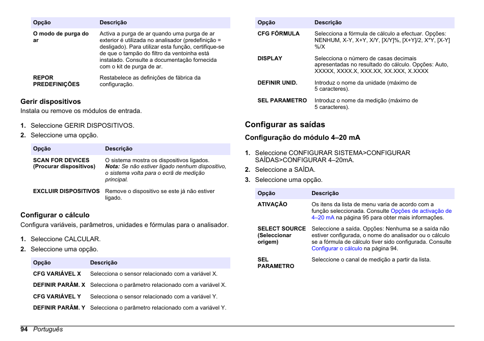 Gerir dispositivos, Configurar o cálculo, Configurar as saídas | Configuração do módulo 4–20 ma, Consulte, Configurar o, Cálculo, Fixação de erros. consulte | Hach-Lange HACH 5500 sc PO43-HR Operations User Manual | Page 94 / 390