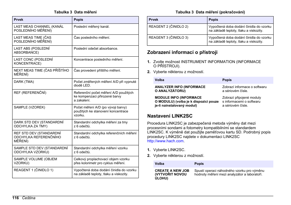 Zobrazení informací o přístroji, Nastavení link2sc, Zobrazení | Informací o přístroji, Zobrazí informace o měření (viz, Tabulka 3 | Hach-Lange HACH 5500 sc PO43-LR Operations User Manual | Page 116 / 392