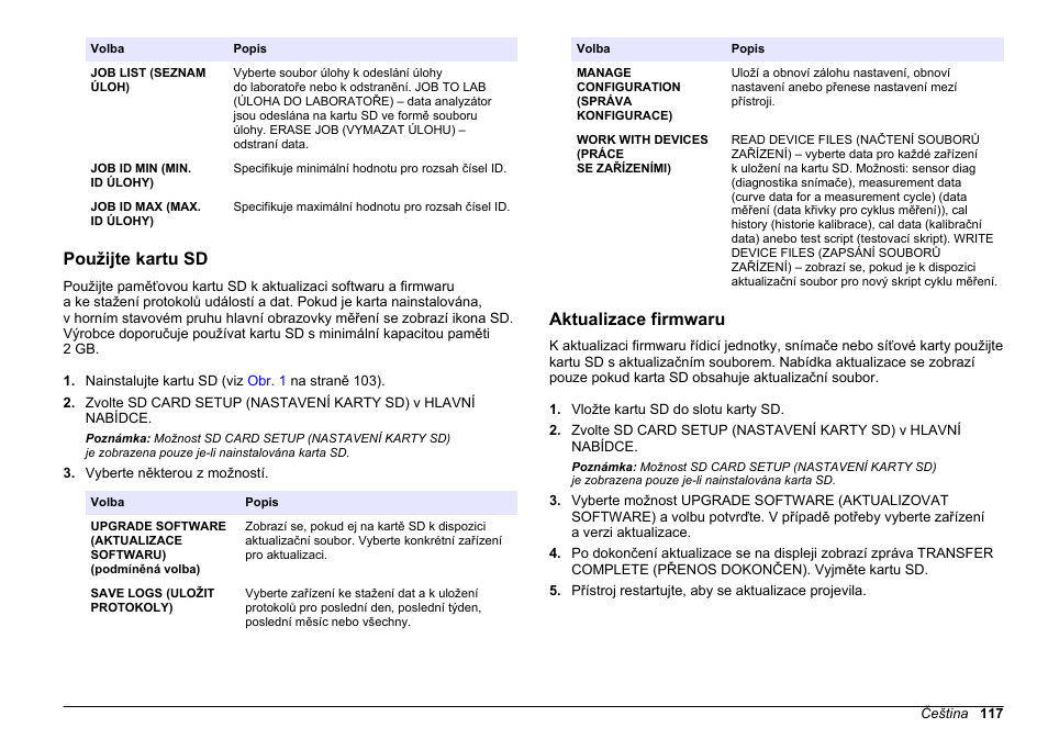 Použijte kartu sd, Aktualizace firmwaru | Hach-Lange HACH 5500 sc PO43-LR Operations User Manual | Page 117 / 392