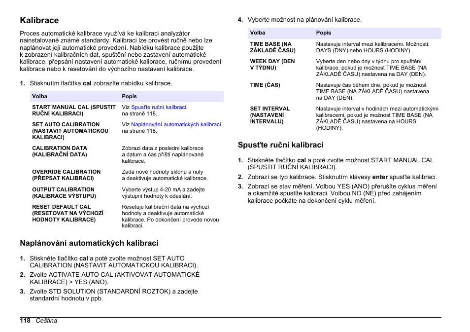 Kalibrace, Naplánování automatických kalibrací, Spusťte ruční kalibraci | Kalibrace viz, Na straně 118 | Hach-Lange HACH 5500 sc PO43-LR Operations User Manual | Page 118 / 392