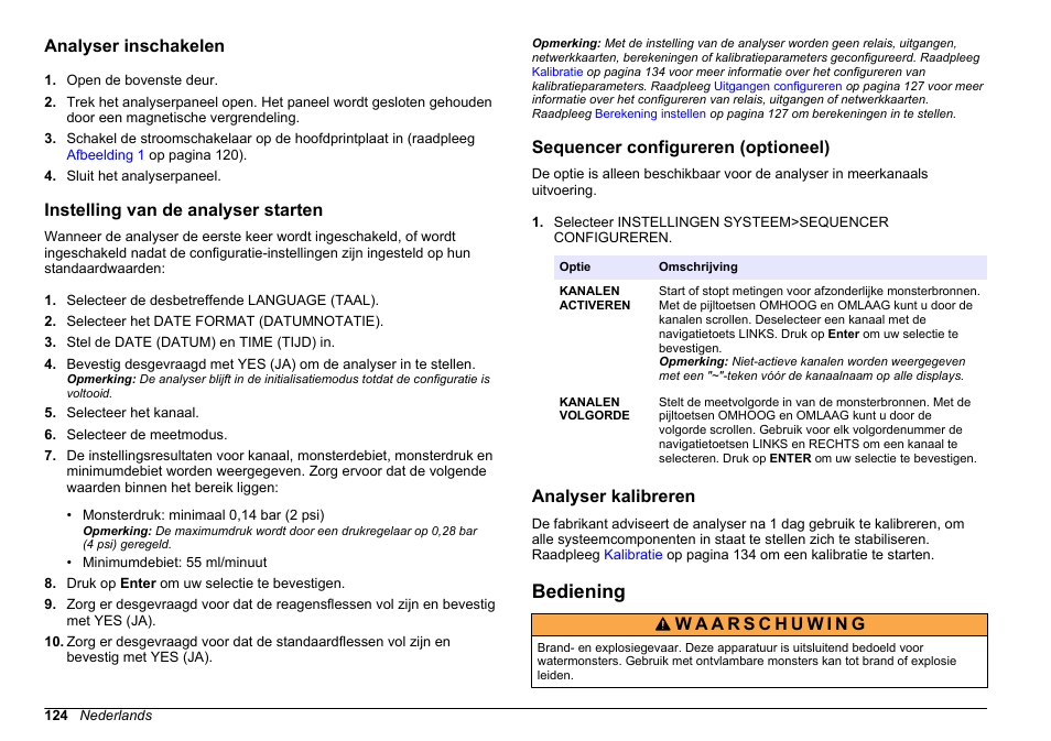 Analyser inschakelen, Instelling van de analyser starten, Sequencer configureren (optioneel) | Analyser kalibreren, Bediening | Hach-Lange HACH 5500 sc PO43-LR Operations User Manual | Page 124 / 392