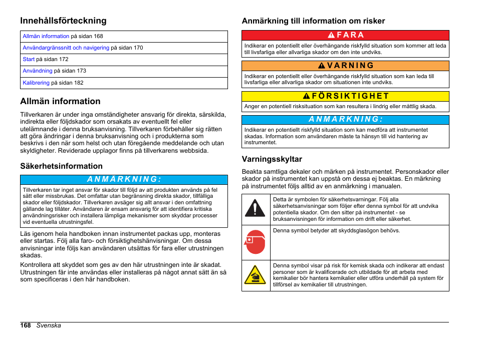 Operationer, Innehållsförteckning, Allmän information | Säkerhetsinformation, Anmärkning till information om risker, Varningsskyltar, Svenska | Hach-Lange HACH 5500 sc PO43-LR Operations User Manual | Page 168 / 392