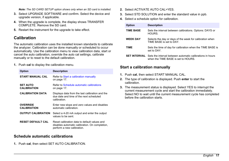 Calibration, Schedule automatic calibrations, Start a calibration manually | Hach-Lange HACH 5500 sc PO43-LR Operations User Manual | Page 17 / 392