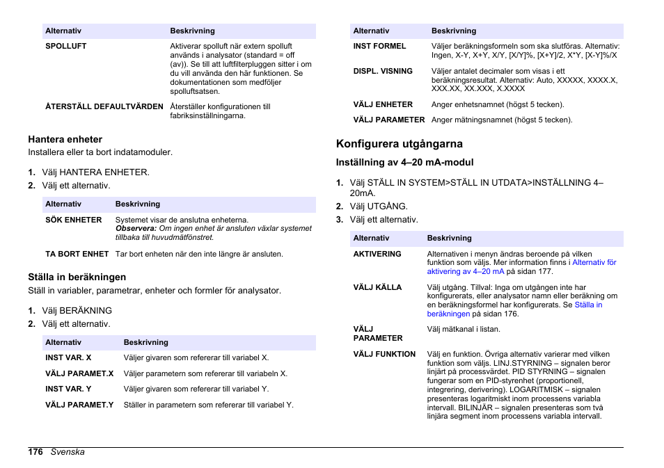 Hantera enheter, Ställa in beräkningen, Konfigurera utgångarna | Inställning av 4–20 ma-modul, Finns i, Mer information finns i, Och formler för analysator. se, Ställa in, Beräkningen, På sidan | Hach-Lange HACH 5500 sc PO43-LR Operations User Manual | Page 176 / 392