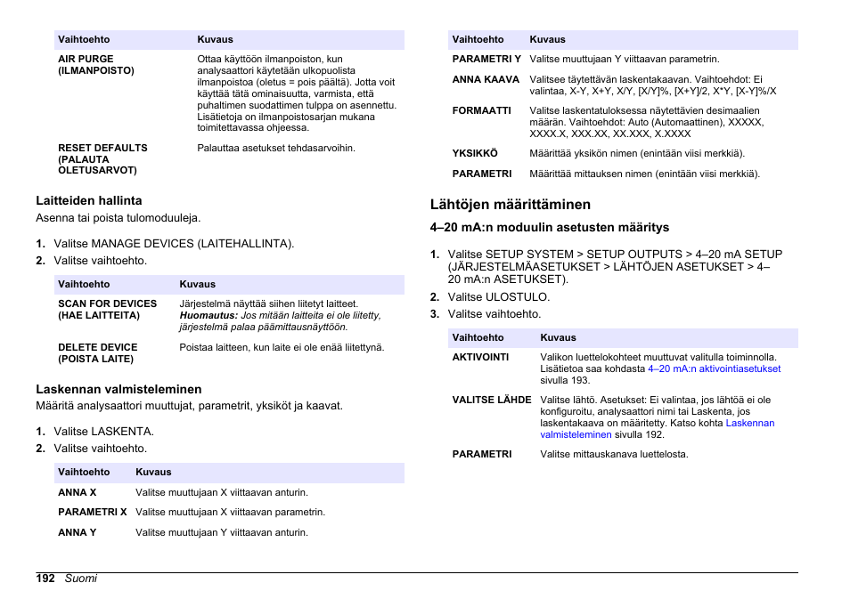 Laitteiden hallinta, Laskennan valmisteleminen, Lähtöjen määrittäminen | 4–20 ma:n moduulin asetusten määritys, Lähtöjen, Määrittäminen, Sivulla, Saa kohdasta, Sivulla 192, Laskennan | Hach-Lange HACH 5500 sc PO43-LR Operations User Manual | Page 192 / 392