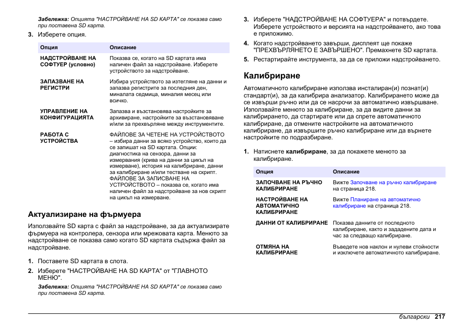 Актуализиране на фърмуера, Калибриране, Калибриране. вижте | Hach-Lange HACH 5500 sc PO43-LR Operations User Manual | Page 217 / 392